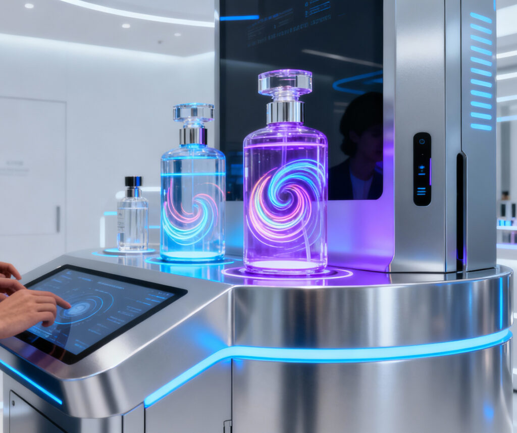 Futuristic AI perfume machine with glowing fragrance bottles and interactive touchscreen display, allowing users to create personalized custom scents through artificial intelligence algorithms