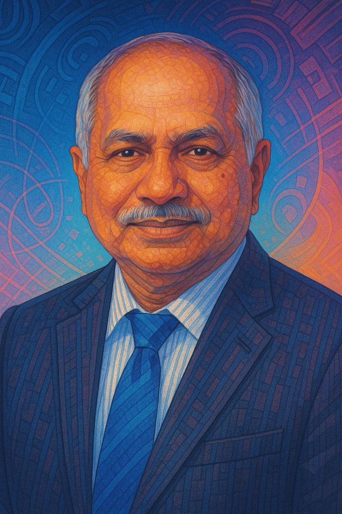 A digital illustration of AI pioneer Raj Reddy, dressed in a suit and tie, shown with warm and cool colors blending across his face and background