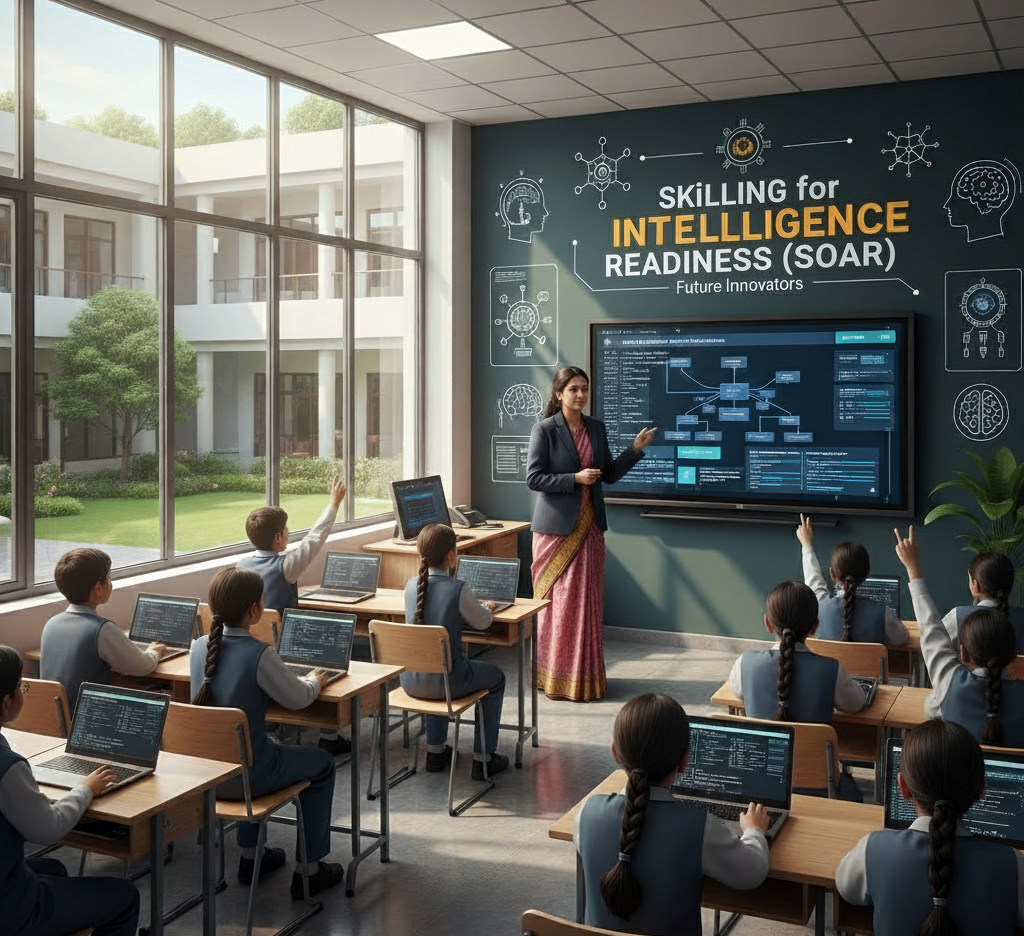 Group of students seated in a bright classroom looking at a computer screen while a teacher explains AI concepts, symbolizing India’s AI education drive.