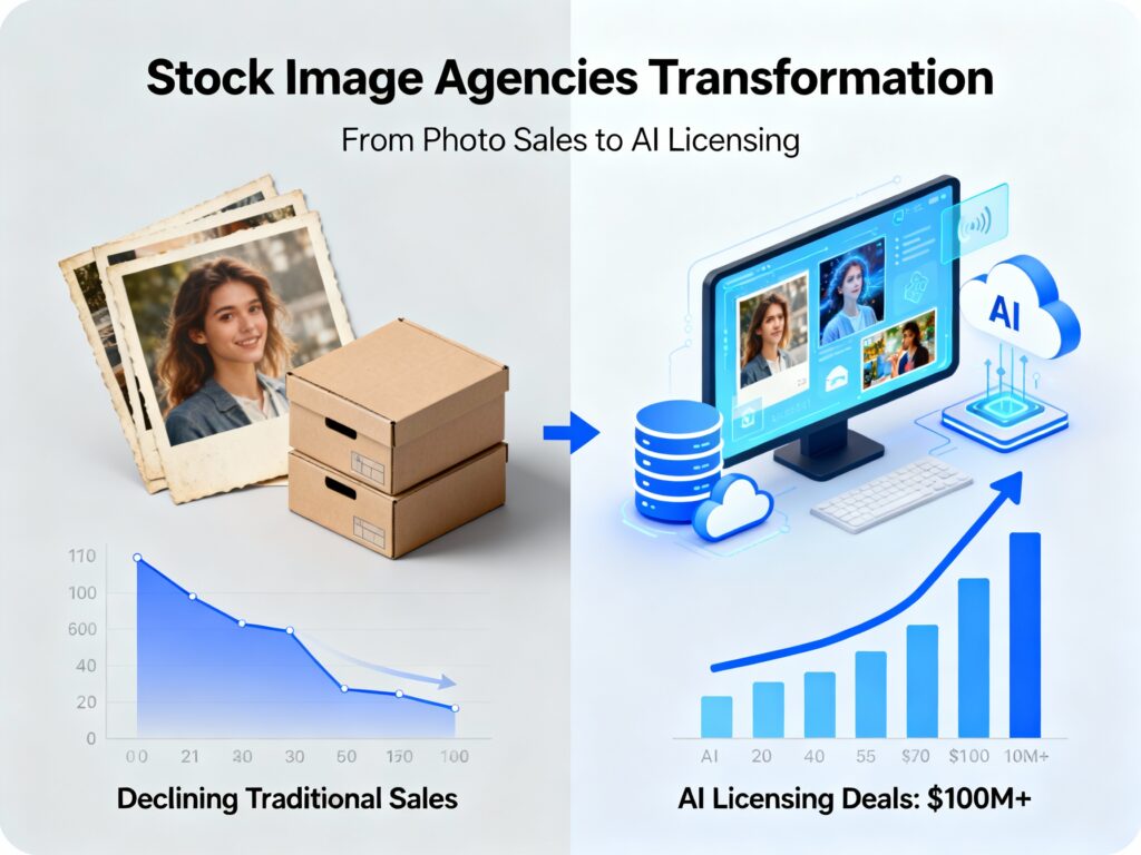 This visual shows the transformation of stock image agencies from their traditional model of selling individual photos to businesses and creators, to their new profitable model of licensing massive photo libraries to AI companies for training data. The imagery illustrates how agencies like Shutterstock and Getty Images pivoted from decline to profitability by becoming essential fuel suppliers for AI development, earning over $100 million annually through these licensing partnerships while simultaneously launching their own AI image generation tools.