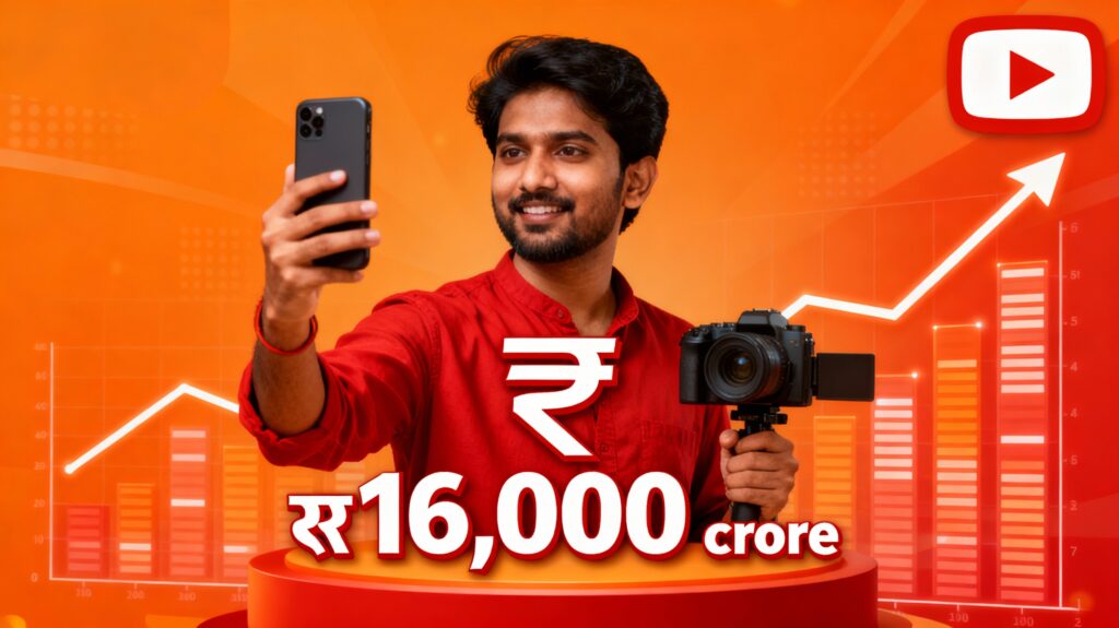 Indian YouTube creator filming content with phone and camera, with YouTube play button, rupee symbol and growth charts showing YouTube’s ₹16,000 crore impact and 930,000 jobs in India’s creator economy in 2024