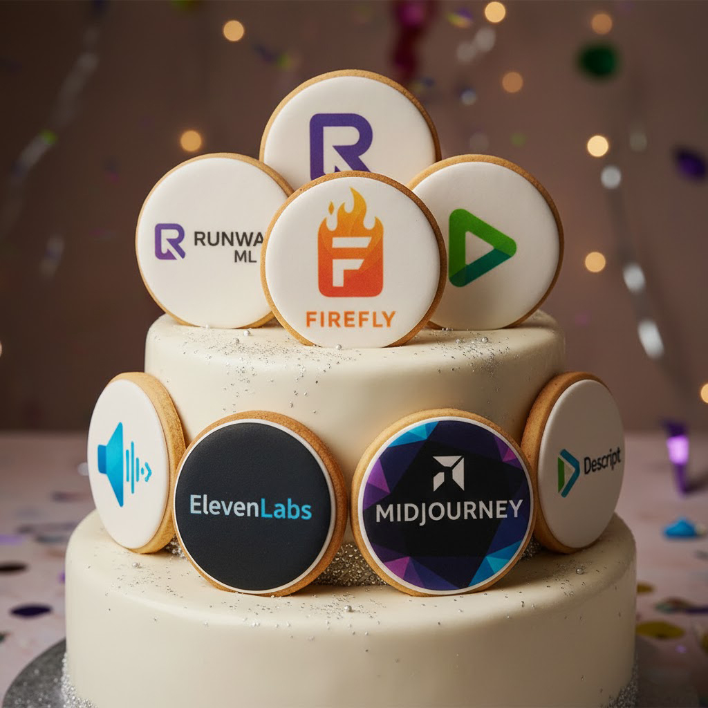 Collage of 5 AI tools transforming Indian creative industry: Runway, Adobe Firefly, ElevenLabs, Midjourney, and Descript