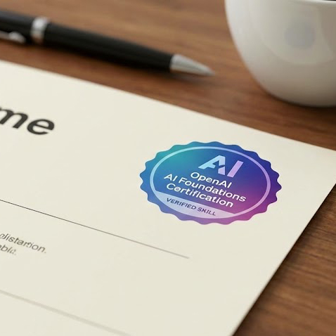 OpenAI AI Foundations digital certification badge on a resume
