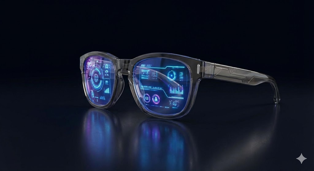 Meta AI smart glasses with camera and open-ear speakers on a table