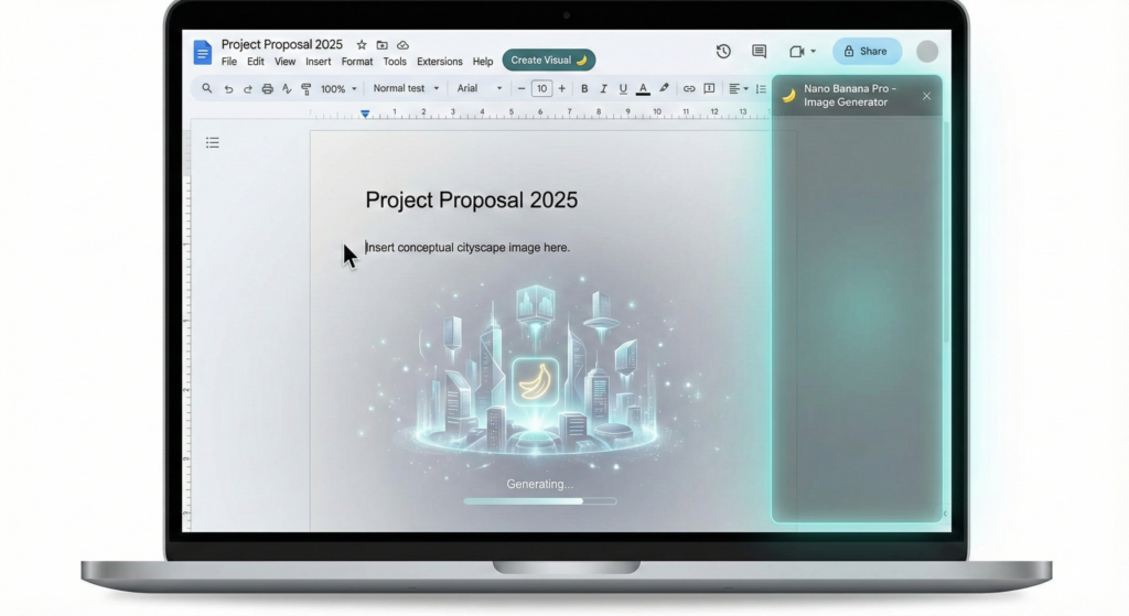 Google Gemini 3 Nano Banana Pro interface showing an AI image being generated directly inside a Google Doc document.