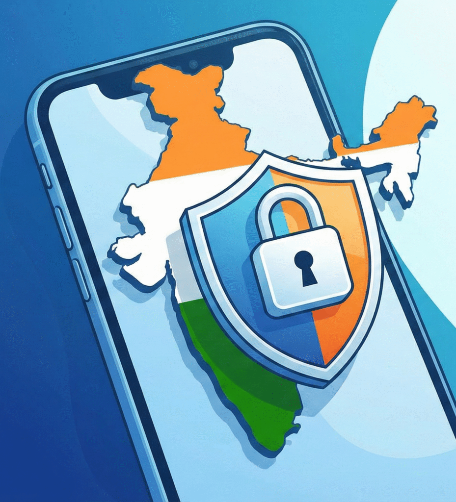 Indian smartphone user protected by shield with AI governance symbols including transparency icon, deepfake watermark, data lock, and complaint form in Indian languages