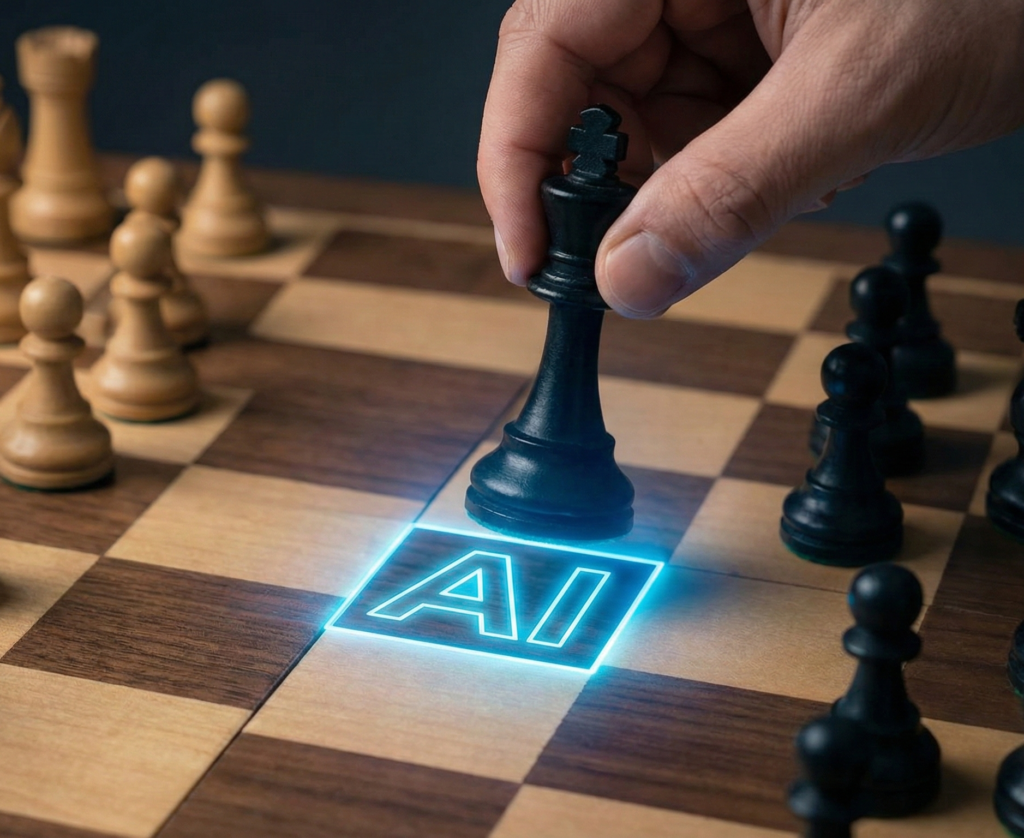 Hand moving a king chess piece onto a glowing 'AI' square, representing India's strategic AI investment vs US and China.