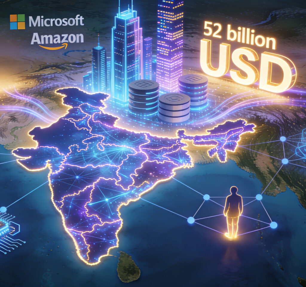 Logos of Microsoft and Amazon overlaid on a digital map of India representing AI investment.