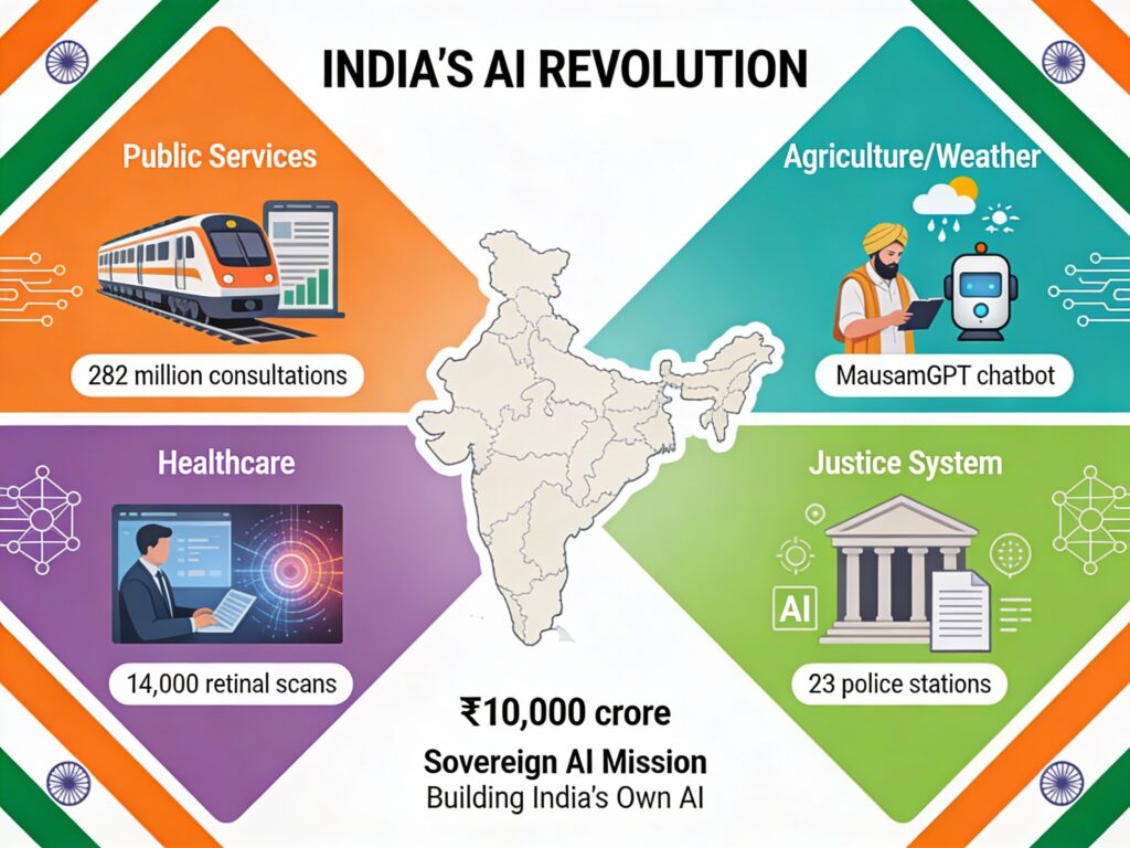 Infographic showing India's government AI initiatives across four sectors: agriculture with MausamGPT weather chatbot, public services with automated license renewal, healthcare with telemedicine AI and retinal scans, and justice system with AI document translation. Includes key statistics: 282 million consultations, 14,000 retinal scans, ₹10,000 crore investment.