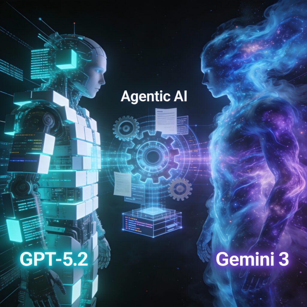 Comparison of OpenAI GPT-5.2 and Google Gemini 3 Pro logos symbolizing the rise of Agentic AI.