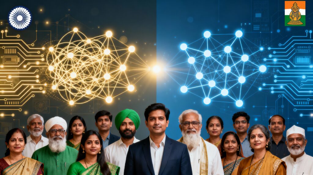 Illustration of Indian AI digital network representing diversity and inclusion.
