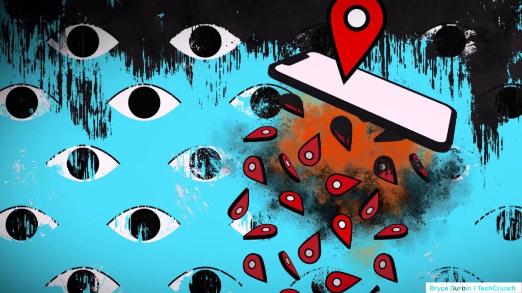 A blue background spotted with illustrated eyes, with red location markets over a phone.