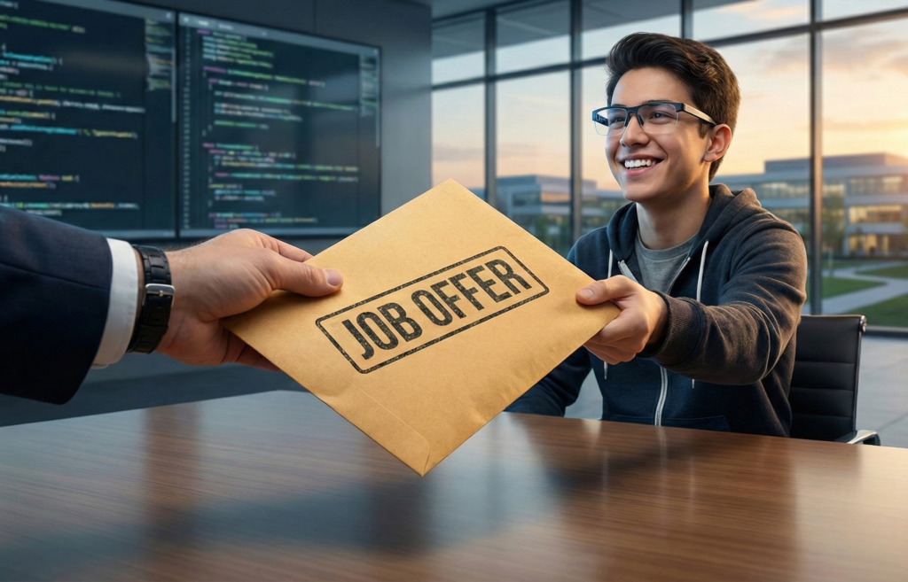 Conceptual illustration showing the 2026 AI talent war in India, depicting Big Tech companies competing for AI engineers amidst rising salary graphs and declining traditional IT roles.