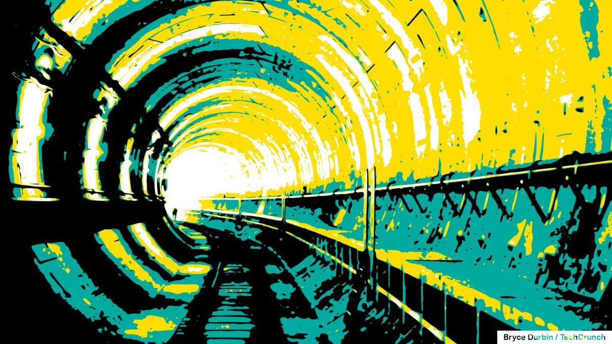 tunnel-vpn-v1.jpg an illustration of an underground tunnel gong bending around a corner to the left using mostly green, yellow and black, with the light of the tunnel exit in the near distance